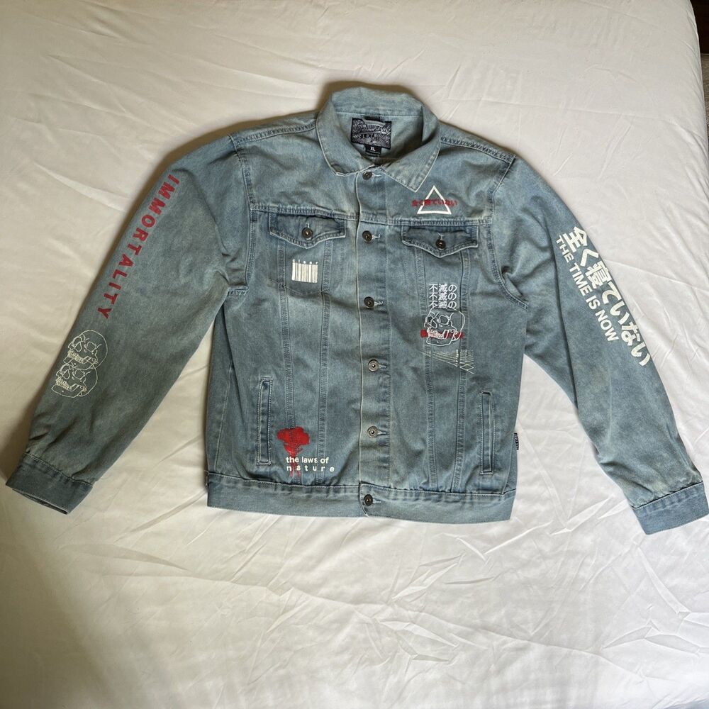 Brooklyn Cloth Men's XL Blue Jean Jacket Embroidered Japanese Skull Distressed